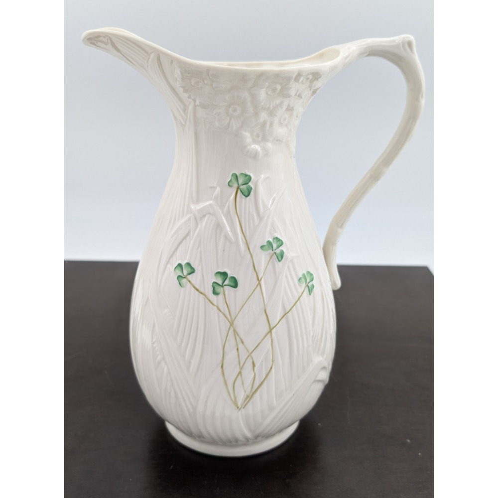 Belleek Daisy and Shamrock Porcelain Pitcher 9.5” H Ireland 11th Green Mark